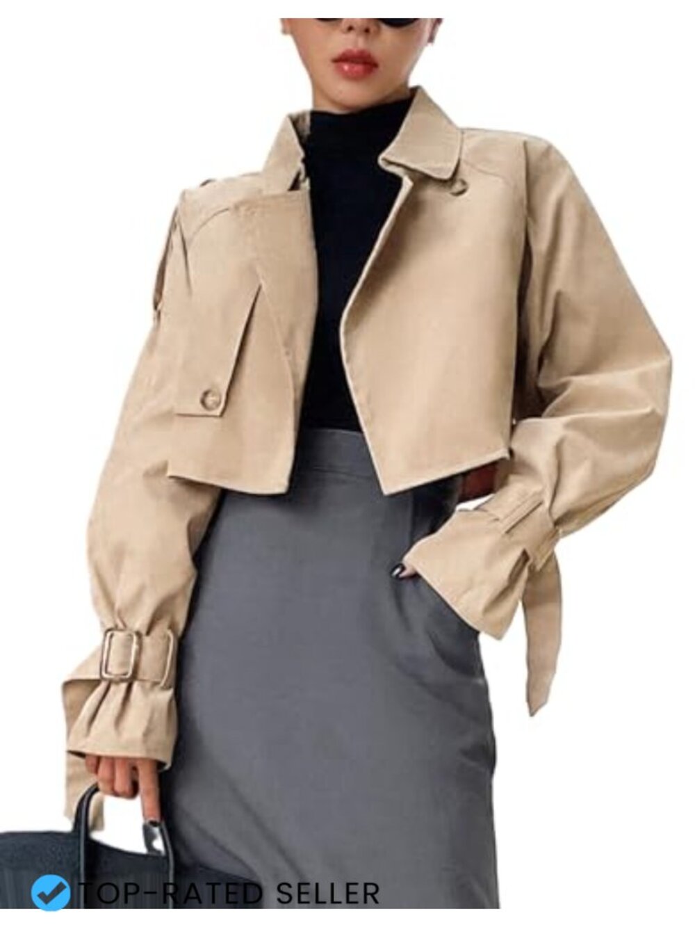 Womens Cropped Trench Coat Double Breasted Button Long Sleeve Y2K Jacket